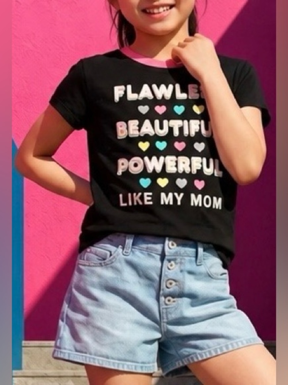 Kids Black Graphic Tee & Light Blue Denim Shorts Matching Set